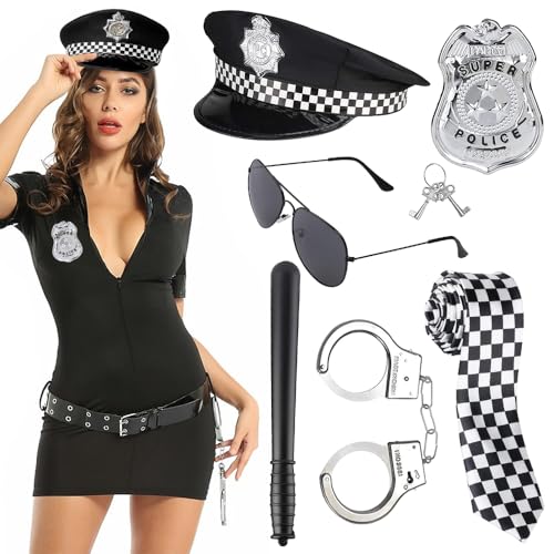 Foreverup 6PCS Police Costume Accessories Police Fancy Dress Cop Costume Polices Costumes Women with Officer Accessories Role Play Fancy Dress Outfit for Halloween Carnival Party Festival