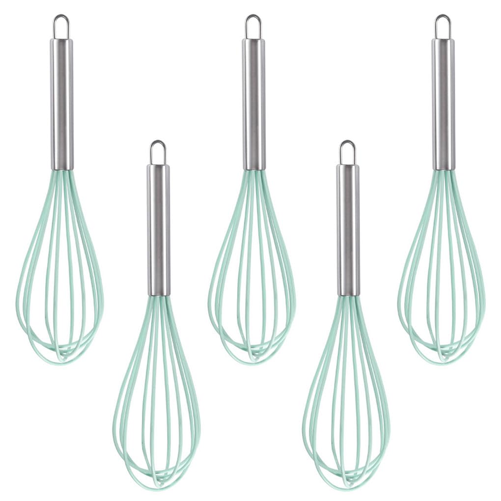 Ousyaah 5-Piece Silicone Whisk Stainless Steel Handle, 10-Inch Kitchen Egg Beater Milk Frothers for Cooking, Classic Mixer Balloon Wire Whisk for Blending, Whisking, Beating and Stirring (Light Green)