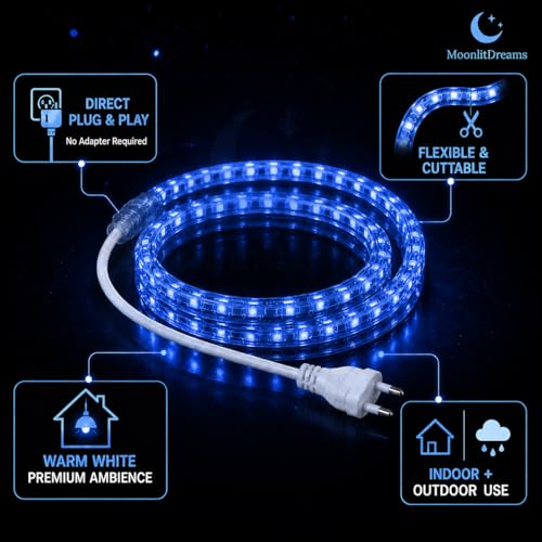 Image of MoonlitDreams Blue LED Rope Light 3M for Home Decoration | Waterproof Flexible Strip Tube for Ceiling Cove Lighting, Wall Decor, Indoor Outdoor Use, Festive & Diwali Lights