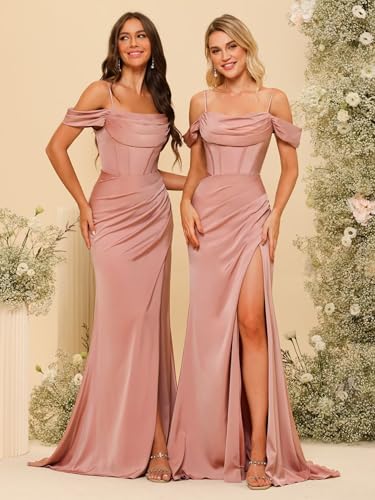 Long Satin Bridesmaid Dresses with Silt 2025 Mermaid Formal Dress PU0702