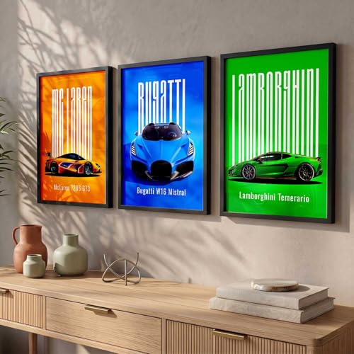 Image of HOTHOUSE Big McLaren GT3, Bugatti W16 Mistral, Lamborghini Temerario Cars Framed Posters Gift Items for Boys Room Wall Decoration Bedroom Living Room Office Studio Decor | Set Of 3 Size (13 X 17 inch)