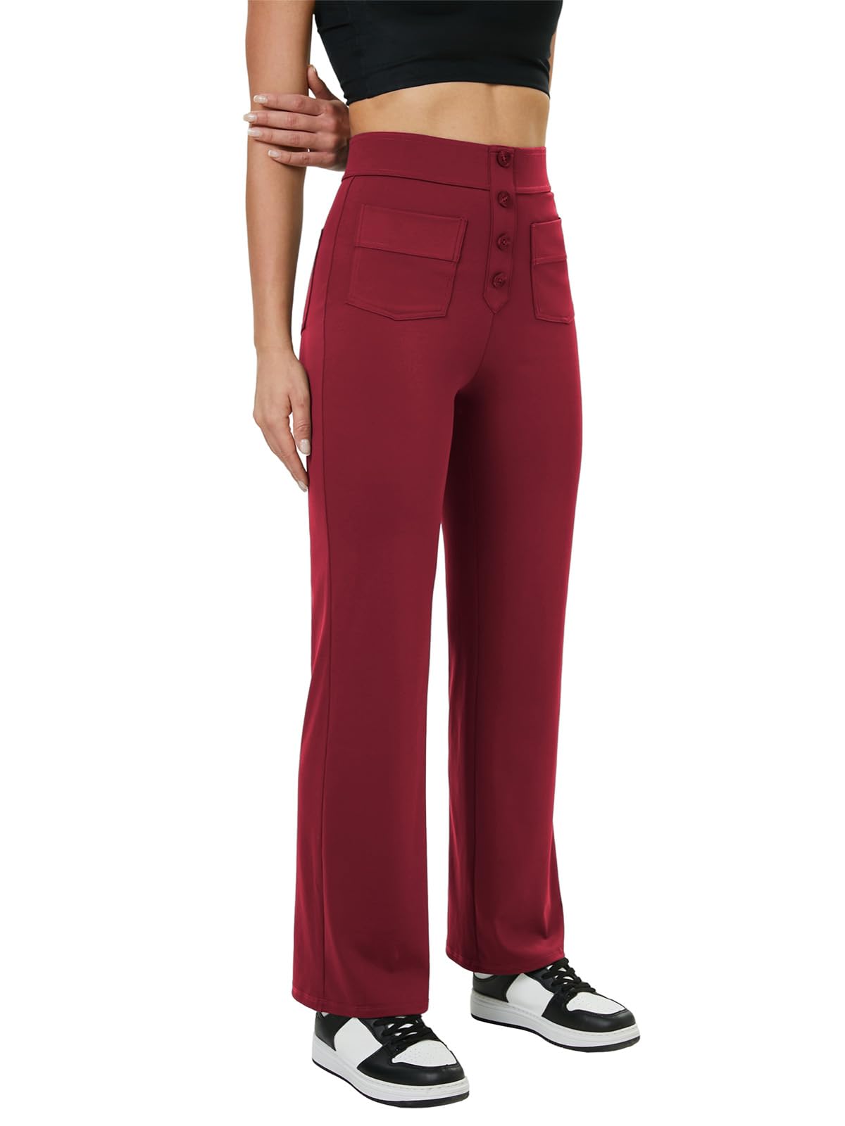 keriffe Women's Straight Leg Pants High Waisted Button Stretchy Business Work Dress Casual Trousers Multiple Pockets: Small Wine Red