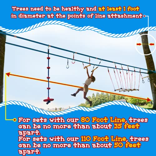 Double Slackline Obstacle Course - 110 Ft Line - Ninja Warrior Course with Monkey Bars for Kids - Patented Double Line Design (110' Ultimate Warrior Set, with Rickety Bridge)