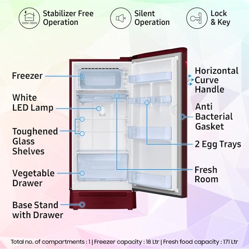 Image of Samsung 189 L, 5 Star, Digital Inverter, Direct-Cool Single Door Refrigerator (RR21H2H25RZ /HL, Midnight Blossom Red, Base Stand Drawer, Single Touch Defrost, 2026 Model)