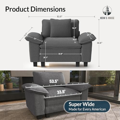Image of HERA'S HOUSE 1-Seat Modular Couch Accent Chair Sofa with Throw Pillow | Modern 53.5 inch Single Seat, Grey, Wider Armrest, Comfy Deep Seat, Soft Corduroy Sofa Chair for Living Room