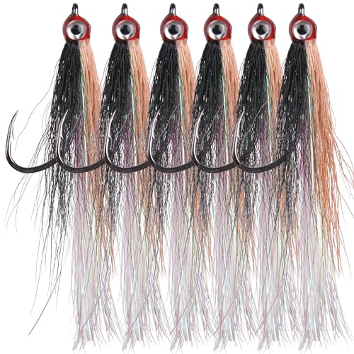 Bucktail Teasers Fishing Hook - 6pcs Stainless Steel Hook and Crystal Flash Inserted for Catfish Cod Flounder Saltwater Fishing Jig Three Colors (Black/Gray)