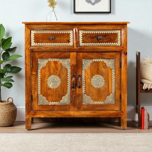 Image of APRODZ Hand-Painted Solid Wood Sideboard Cabinet with 2 Doors & 2 Drawers | Brass Fitted Wooden Storage Cabinet for Bedroom Living Room & Kitchen | Crockery Cabinet, Kitchen Storage, 36x16x36