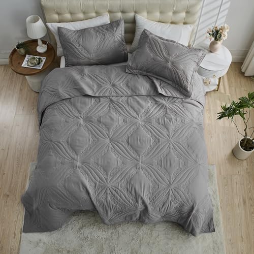 Image of Kingnex Oversized King Bedspreads 128x120 for Tall King or Cal King Bed Ultrasonic Quilted Coverlet Set 3 Piece Include 1 Extra Wide Quilt 2 Pillowcases Dark Grey