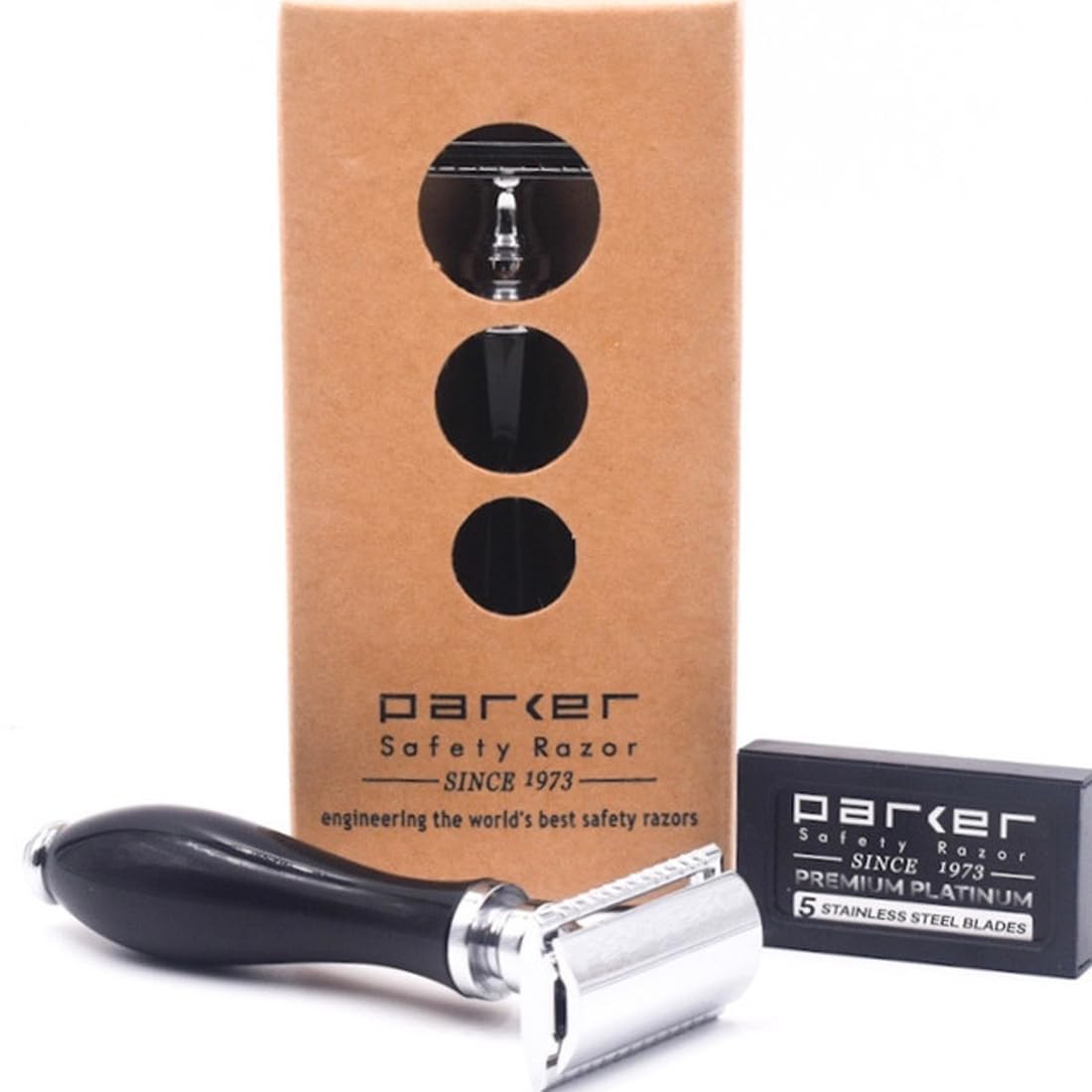 Parker 111B Ebony Handle Three‑Piece Double‑Edge Safety Razor – Elegant Weighted Scratch‑Resistant Shaving Razor with Premium Blades