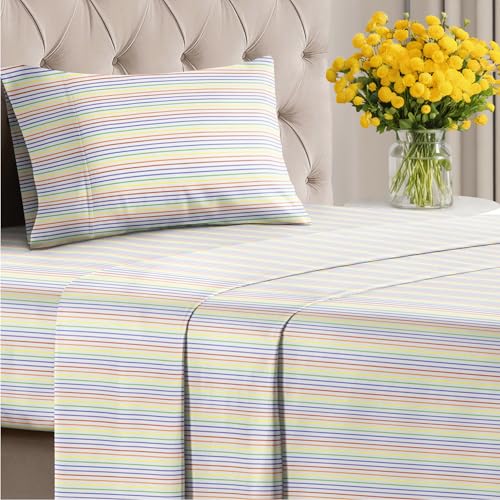 Image of Twin 3 Piece Striped Sheet Set - Breathable & Cooling - Rainbow Stripe