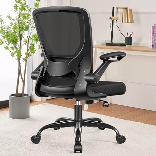 KERDOM 9060 Silla de oficina ergonómica con reposabrazos plegables, silla de ordenador giratoria de tejido de malla de 360°, negro