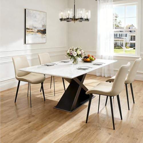 Image of Modern Dining Chairs Set of 8, PU Leather Dining Room Chairs, Upholstered Kitchen Chairs with Ergonomic Backrest & Sturdy Metal Legs, Perfect for Dining Room, Living Room, Beige