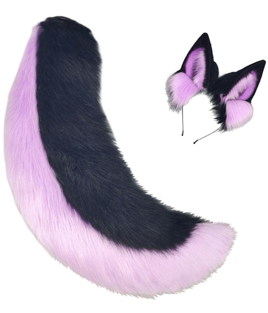 TTYAO REII Faux Fur Wolf Dog Ears and Tail Set Halloween Animal Costume Accessories Plush Fursuit Props for Cosplay Party, Black Purple, One size