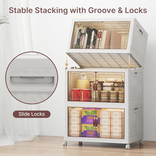 Image of UAMFURI Stackable Storage Bins with Lids, 288QT Lockable Storage Cabinet | Folding Storage Box with Doors and Wheels, Collapsible Plastic Drawers for Home, Garage, Office