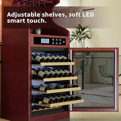 Image of KEIKI 43 Bottle Wine Refrigerator, Freestanding Single Zone Wine Cooler with Humidity Control, Tempered Glass Door, LED Lighting, Lockable Wood Cabinet, Low Noise for Connoisseurs, Cherry