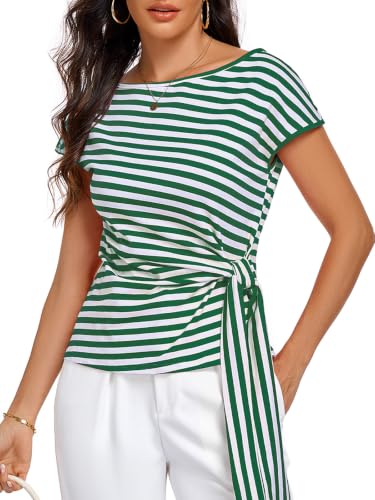 Image of HOTIAN Womens Cap Sleeve T Shirts 2026 Tie Waist Wrap Tops Crew Neck Blouses Dressy Casual Loose Work Business Dressy