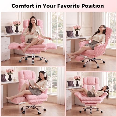 Image of HOMRELEXA Big and Tall Office Chair, Flip Armrests for Pets & Cross Legged Sitting, Executive Ergonomic Computer Gaming Chair with Foot Rest, Rose Velvet Pink Wide Seat Reclining Desk Chair