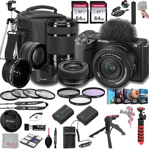 Sony ZV-E10 II Mirrorless Camera with 16-50mm + 55-210mm Lenses, 128GB Memory,.43 Wide Angle & 2X Lenses, Case. Tripod, Filters, Hood, Grip,Spare Battery & Charger, Software Kit -Deluxe Bundle