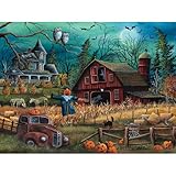 Bits and Pieces 1000 Piece Puzzles for Adults - Large 20" x 27" Jigsaw Puzzles 1000 Pieces Halloween Farm Scarecrow Haunted House, Random Die Cut, No 2 Pieces Alike, Haunted Farmyard