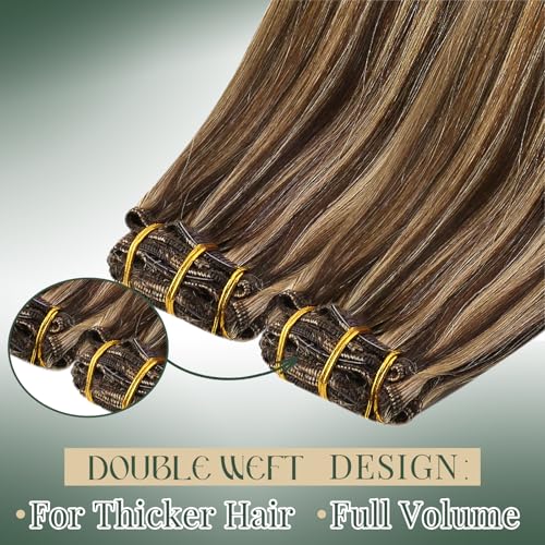 Image of Ugeat Clip in Extensions Human Hair Highlights 14 Inch 7pcs 105g | Hair Extensions Clip ins Real Human Hair , Quick Changes , Chocolate Brown Highlights Caramel Blonde