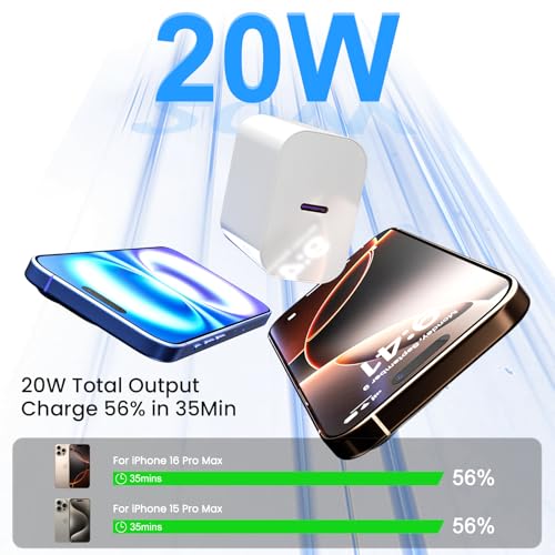 Image of iPhone 17 16 15 Fast Charger, 20W PD USB C Wall Charger Block with 6FT Type C to C Cable, for iPhone 17 /16 /15 Pro Max /Plus /Series & iPad Pro /Air, [2-Pack]