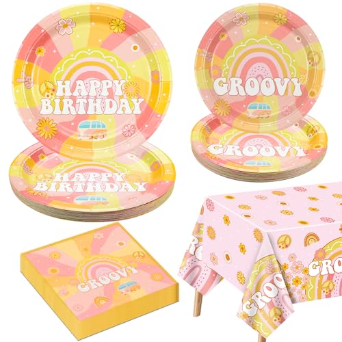 Decoraciones de Fiesta Groovy para 20 Invitados, Incluye Platos de Papel de Cumpleaños, Servilletas, Mantel para Fiesta de Cumpleaños Retro Hippie Boho Rainbow Dasiy, Two Groovy Birthday Party