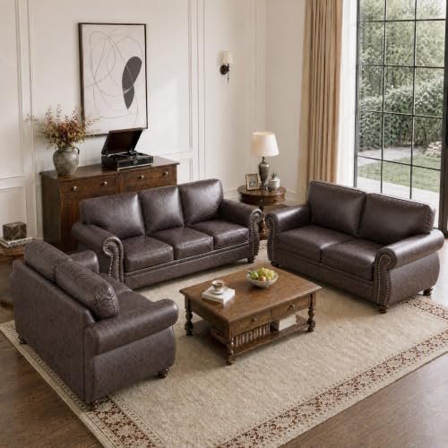 Image of Couchus 88 inchW Living Room Furniture Sets, 3-Seater&2 Loveseat, Brown