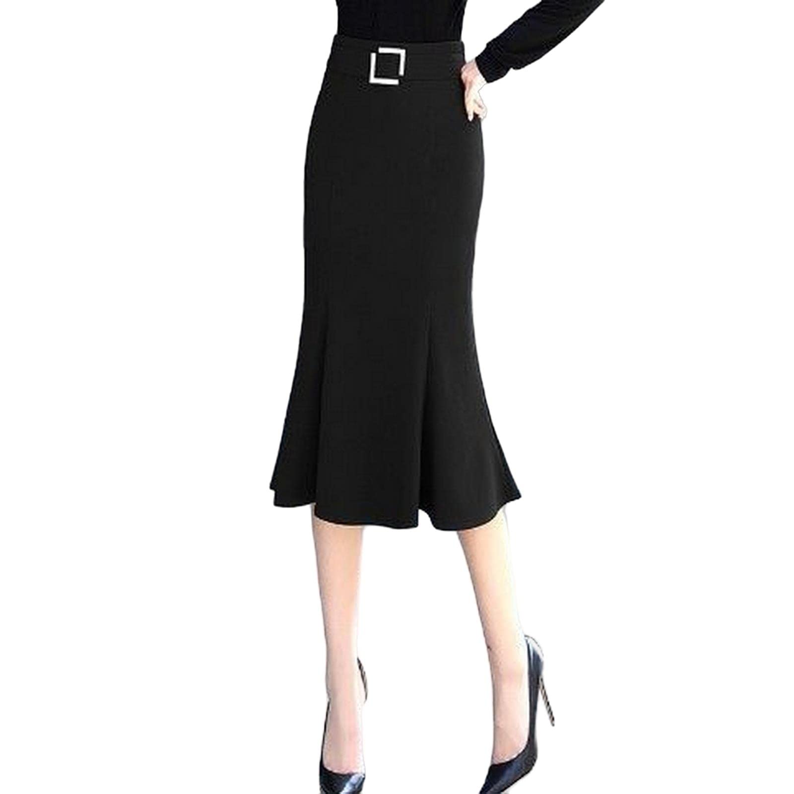Falda larga de verano para mujer, cintura alta, ropa de oficina, color sólido, falda de sirena para mujer, casual, longitud hasta la rodilla, faldas de trompeta
