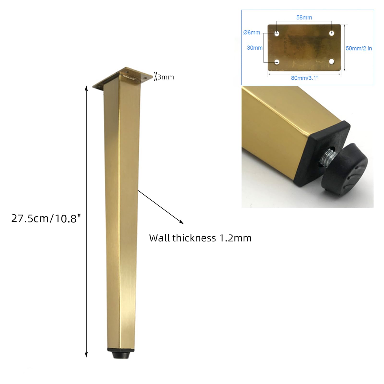 Generico Gambe per Mobili Piedini Regolabili Conici per Tavolo 4 Pezzi in Acciaio Inox Spazzolato Superficie Elettrolitica Altezza Piedini per Divano: 7-61 cm Piedini per Mobile 27,5 cm/10,8"
