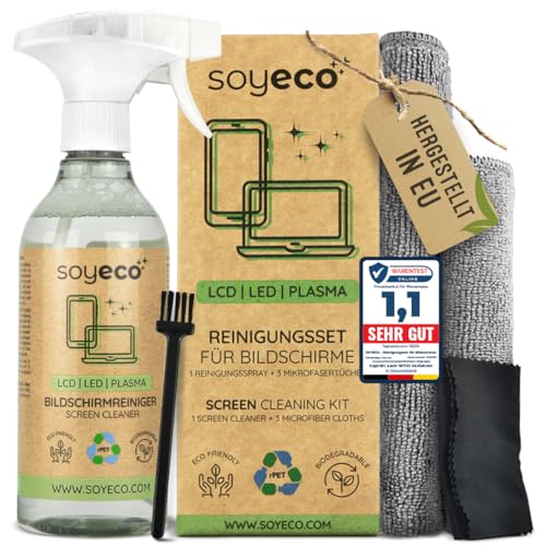 SOYECO ECO Kit de nettoyage pour écran 500 ml avec 2 chiffons en microfibre et pinceau – Pour un entretien complet de l'appareil – Écran TV (LCD, LED,...