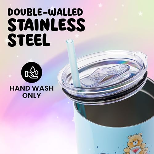Image of Silver Buffalo Care Bears Watercolor Featuring Tenderheart, Cheer, Grumpy, Funshine, Bedtime, Share Bear Double Walled Stainless Steel Tumbler w Handle & Straw, Fits in Standard Cup Holder, 40 Ounces