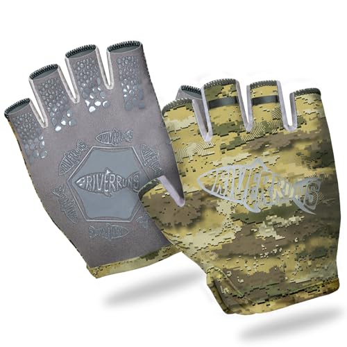 Riverruns SwiftShield Fishing Gloves Shortened Wrist UPF50+ Sun Gloves Fingerless Lightweight Breathable Hiking Driving Kayaking Paddling(CamoKhaki,M)