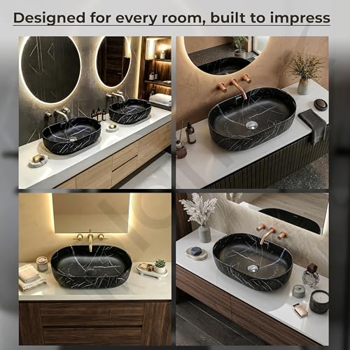 Image of Plantex Ceramic Black Washbasin /Oval Tabletop Hand Wash Basin for Bathroom /Designer Washbasin Sink for Home /Office (22x13.5x6 Inch - Marble Finish)