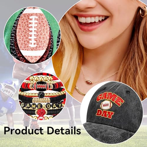 11PCS Football Game Day Accessories for Women Set, Embroidered Football Hat Football Necklace Beaded Stretch Bracelets and Earrings for Women,Football Mom Jewelry Gifts Accessories3