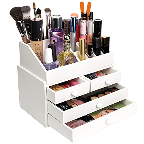 Organizador de maquillaje de madera de 2 piezas, 9.5 x 5.5 x 8 pulgadas, 4 cajones; 16 compartimentos (blanco) Cover
