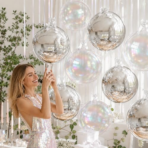 Image of 8 Pcs Silver Balloons and Iridescent Round Foil Balloons Holographic Metallic Silver 4D Ball Balloon Ornament Balloon for Birthday Grad Anniversary Prom Mermaid Under The Sea Disco Party Decor