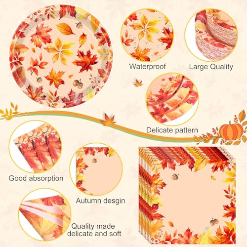 Image of Funnymoom 452 Pcs Thanksgiving Fall Party Decorations, Maple Leaves Thanksgiving Paper Plates Napkins Cups Tablecloth Cutlery Straws for Autumn Fall Theme Birthday Holiday Party Supplies, Serves 50