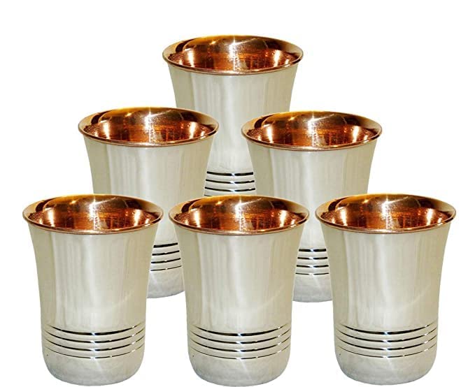 Handicrafts Handmade Steel Copper Tumbler Outer Stainless Steel Copper Water Glass Set of 6 Drinkware Serveware Good Health