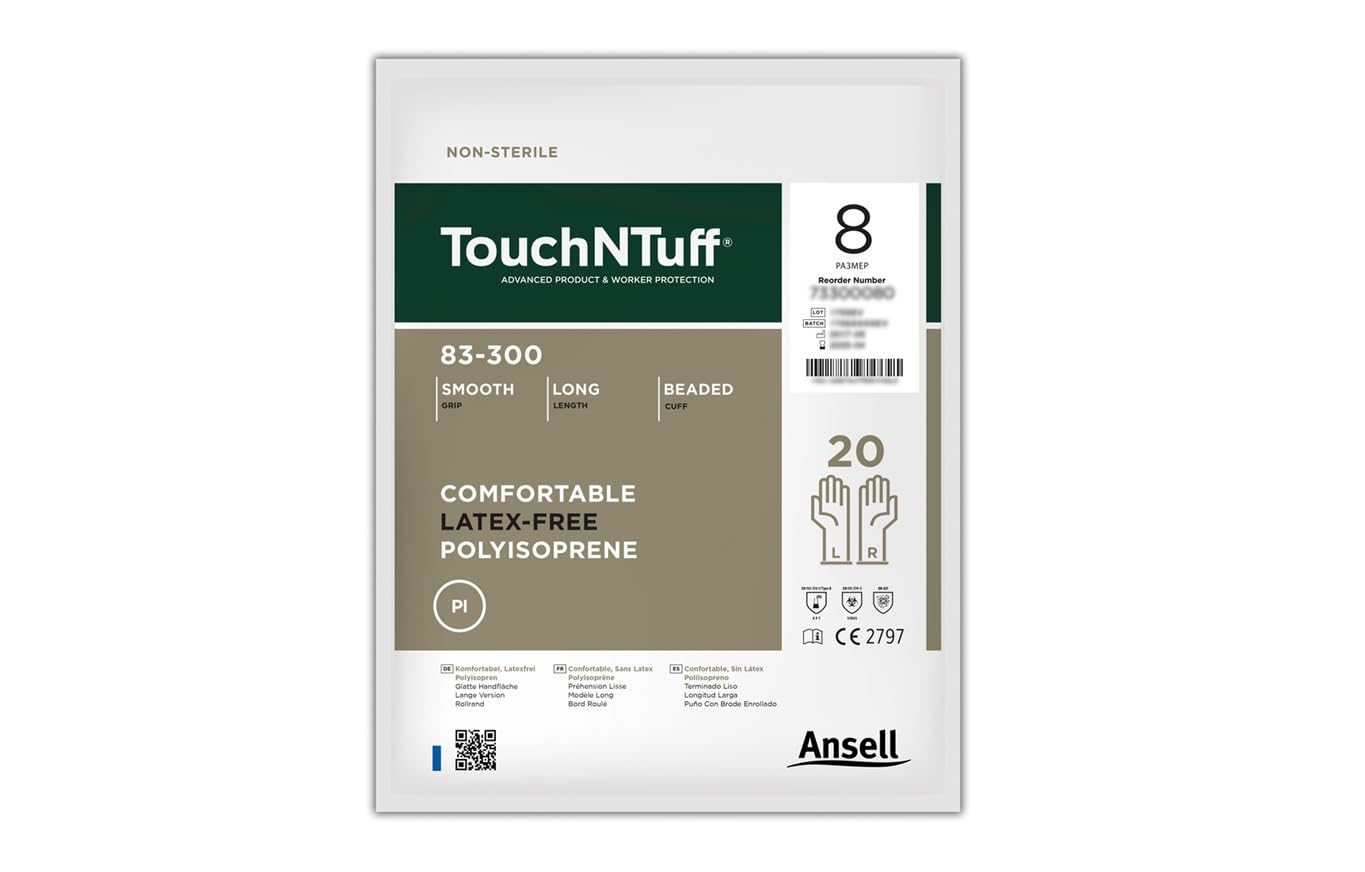 Ansell Touch Tuff 83 – 300 Guanti in Poliisoprene, Senza Rollrandstulpe, Cipria, Bianco (20 Paia Pro Sacchetti), 9, Bianco, 20