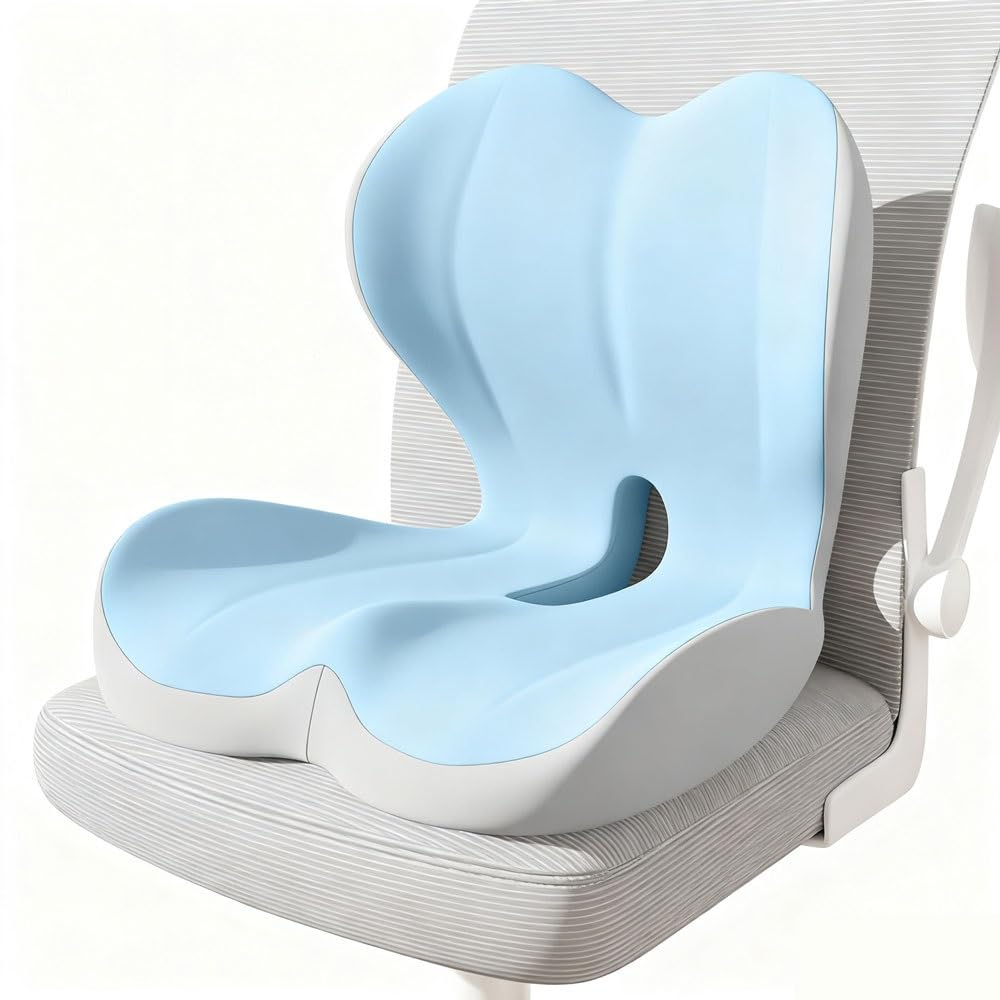 Cojín de Asiento en Forma de L de Espuma con Memoria, Almohadilla Ergonomica Antideslizante para Oficina & Coche con Soporte Lumbar, Diseño de Una Pieza para Estar Sentado Mucho Tiempo(Blue-gray)