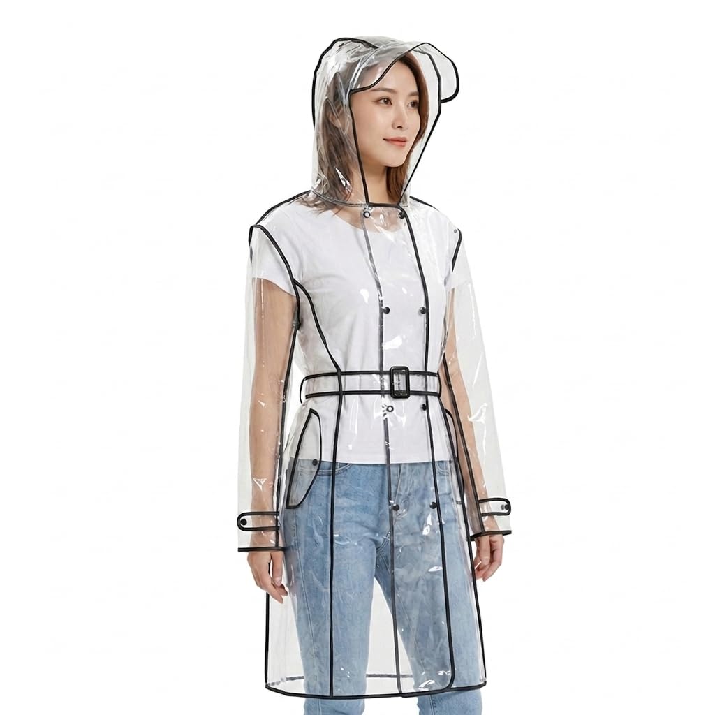 Manteau de pluie portable imperméable pour femme,Poncho transparent et réutilisable résistant à la pluie avec capuche et ceinture pour veste de pluie en plein air, transparent, Taille Unique