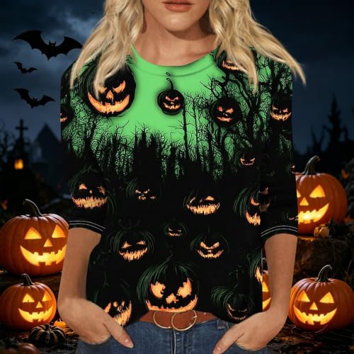Image of Women Spooky Halloween Graphic Shirt 3 /4 Length Sleeve Crewneck Top | Halloween Funny Printed Pumpkin Plus Size Tshirts 2026 Fall Outfits Skeleton Tee Going Out Tops