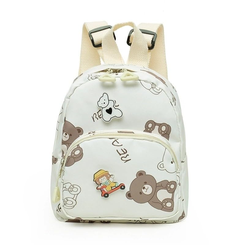 Mochila Escolar Infantil Unissex com Estampa de Urso e Coelho, Poliéster Impermeável com Alças Acolchoadas(Creme)