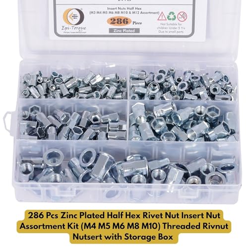 Image of Epitorque Zinc Plated Half Hex Rivet Nut Insert Nut Assortment Kit (M4 M5 M6 M8 M10) Threaded Rivnut Nutsert with Storage Box - 286 Pieces