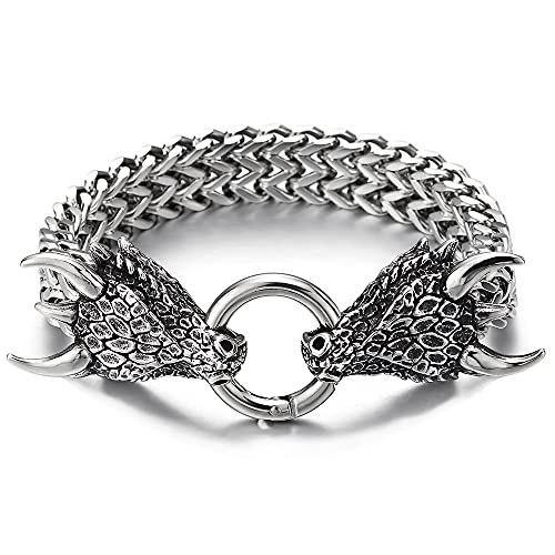 Coolsteelandbeyond Men Steel Square Franco Chain Curb Chain Bracelet Dragon Head With Scales Spiked Horn, Ring Clasp #TOP1