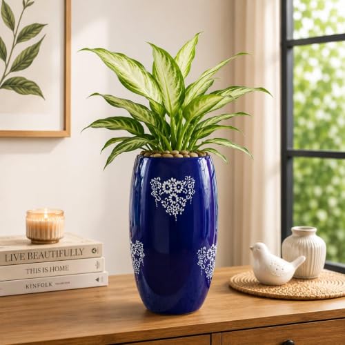 Image of Niyara Premium White Self Pattern Look Ceramic Pots Planters for Indoor Plants,Succulent,Outdoor,Balcony,Home,Garden,Office Size -Large 7.5 inches by 14 inches, Shape :Cylindrical (Blue Pot)