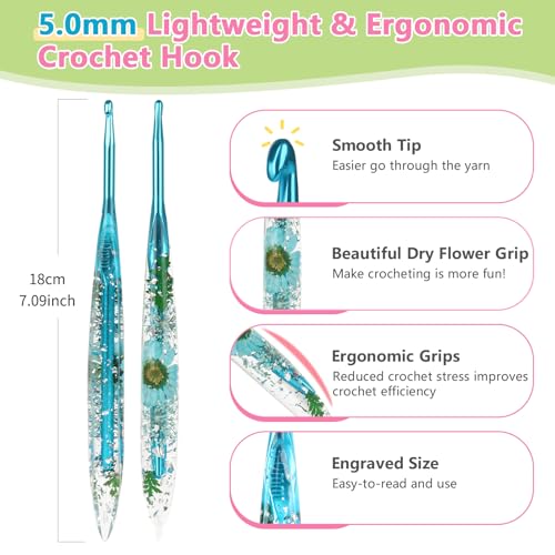 Image of Katech 5.0mm Crochet Hook for Arthritic Hands, Long Aluminum Inline Hooks | Ergonomic Crochet Hooks with Dried Floral Grip-Elegant & Unique, Smooth Crochet Needle-Crochet Gift for Beginner&Crocheter