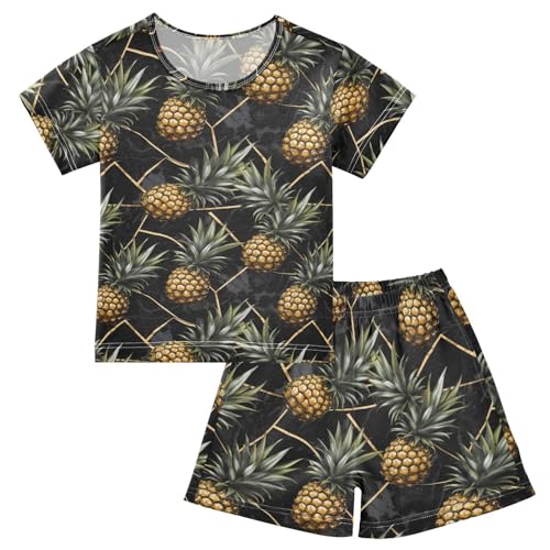 ALAZA Pineapples Black Marble Pajama Set Short Sleeve Sleepwear Soft Lounge Nightwear