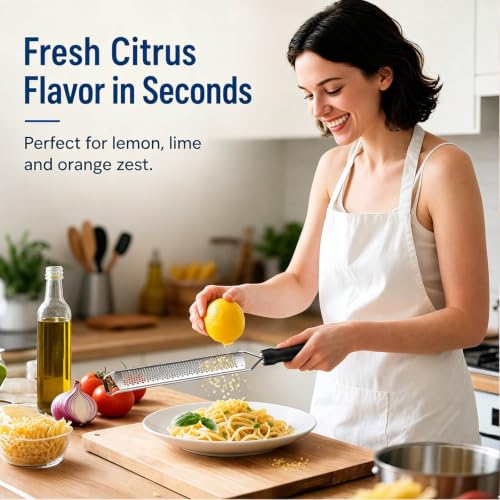 Image of Zester Grater, Lemon Zester Grater with Handle, Premium Stainless Steel Citrus Zester for Parmesan, Garlic, Chocolate, Ginger, Non-Slip Grip, Safety Cover & Cleaning Brush, Black