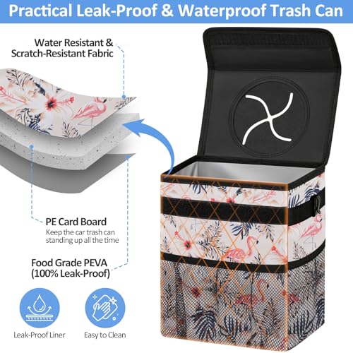 Image of ELONGRIVER Car Trash Can Bin for Back Seat Leak Proof, Cute Car Trash Bag Hanging, Vehicle Trash Can for SUV Truck Van, Automotive Garbage Cans Front Seat Flamingos, 2 Gallons